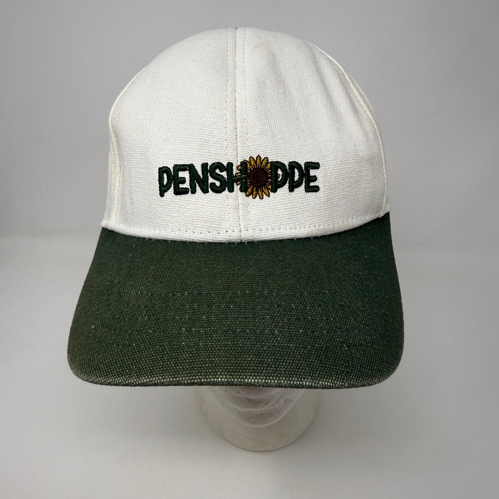 Distressed Penshoppe Sunflower Logo Baseball Hat White Green Canvas Strapback